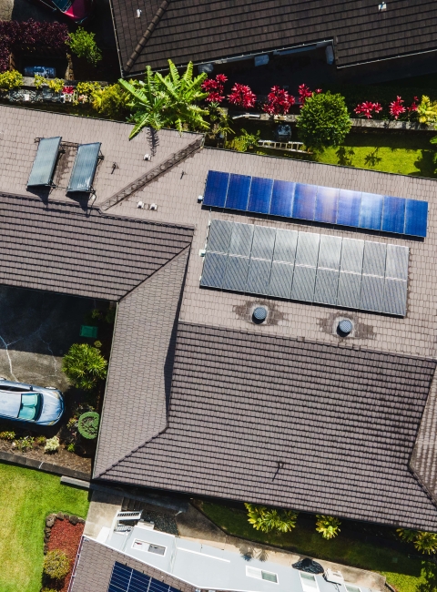 Aerial view of completed solar panel installation on Hawaii home